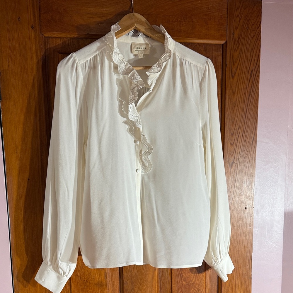 Sezane Cream Ruffle Button Down Shirt - Picture 2 of 5